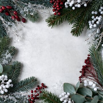 Winter holiday frame with pine needles red berries and frost for design