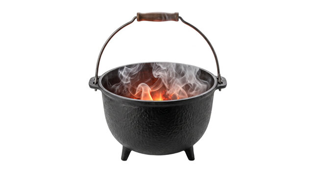 Cast iron cauldron isolated on transparent background cutout photo with glowing fire and smoke inside png pot witch magic halloween metal bucket cooking potjie flame burning charcoal embers spells