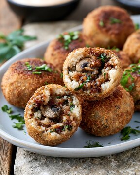 Crispy fried rice balls stuffed with mushroom on a ceramic plate food