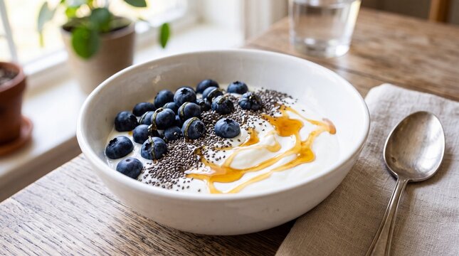 Bowl of yogurt with fresh blueberries and chia seeds on a wooden table