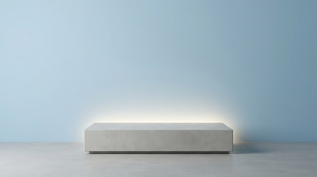 A concrete rectangular pedestal with backlighting sits against a plain light blue wall in studio with illuminated against solid