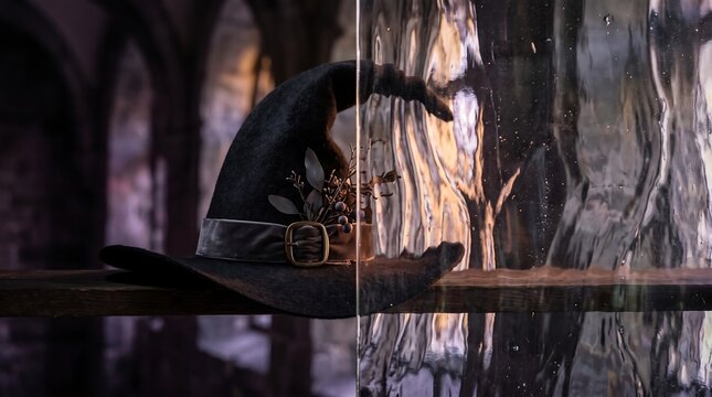 Dark fantasy witch hat on wooden shelf in mystical cathedral