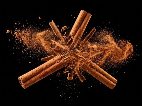 Cinnamon sticks breaking with powder explosion for spice and baking ingredient display