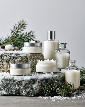 Winter skincare cosmetics, cream jars and lotion bottles on stone podium