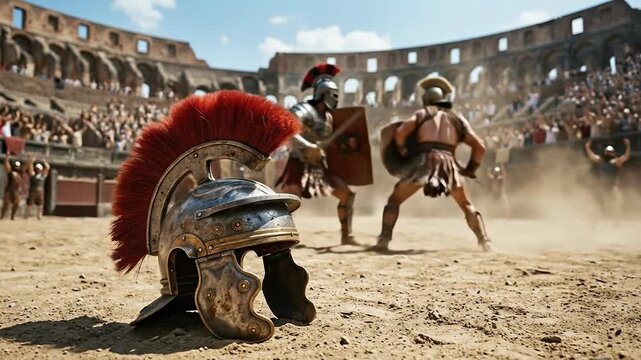 Ancient Roman Gladiators Fight in a Crowded Arena Beside Fallen Helmet Symbolizing Combat Courage Spectacle Empire Violence Survival Competition and Dramatic Historical Entertainment in Classical Rome