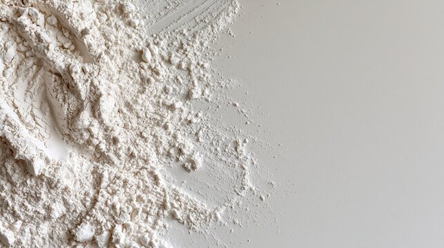 White flour pile scattered on clean surface for baking and cooking food