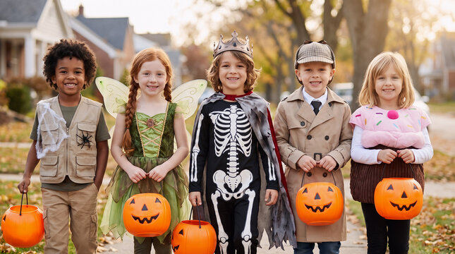 Five children in explorer, fairy, skeleton, detective and cupcake costumes carrying pumpkin buckets while trick or treating in an autumn neighborhood