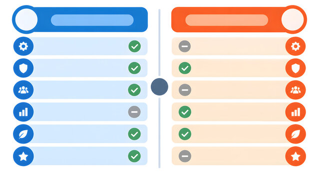 Side-by-Side Product and Plan Feature Comparison Table Vector Template in Blue and Orange Layout featuring Checkmark and Minus Indicators, Icon Badges, and Vertical Divider Node   