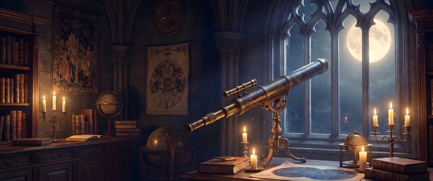 Vintage Brass Telescope and Globes in Dark Library Study Illuminated by Full Moon, A magical nighttime scene inside a vintage observatory or study room. A large brass telescope points out a gothic 