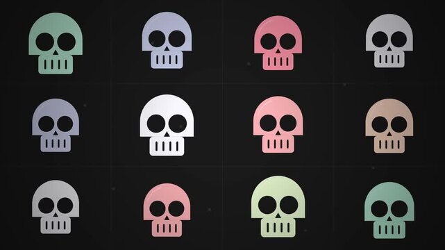 Abstract Minimalist Skull Icons Pattern with Colorful Pastel Tones on a Dark Black Background for Graphic Design and Modern Digital Art