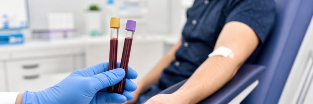 Gloved hand holding blood test tubes after venipuncture from seated patient in medical clinic