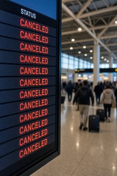 Airport departure board showing repeated canceled flight status with travelers in terminal