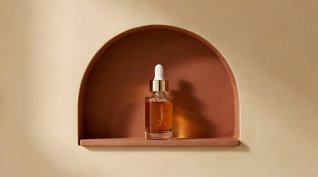 Luxury glass dropper bottle with amber facial oil serum standing in a minimalist terracotta arched wall niche under soft natural sunlight, organic skincare beauty product mockup background