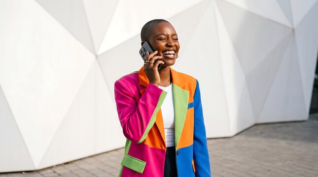 Woman in colorful blazer making a phone call outdoors