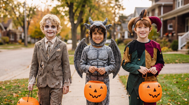 Three boys in doll, gargoyle and jester costumes carrying pumpkin buckets while trick or treating in an autumn suburban neighborhood on Halloween