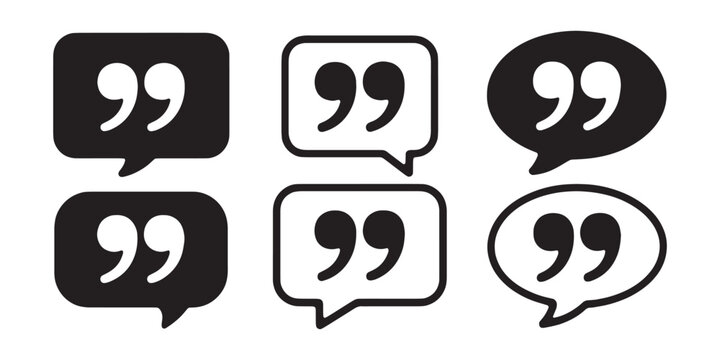 Black speech bubble quote mark icons set features different outlined and filled shapes for layout.