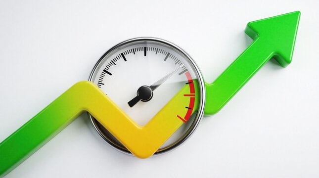 Green and yellow arrow charts ascend past speedometer. Symbolizes performance boost, rapid growth, and positive metrics. Ideal for business, finance, or analytics.