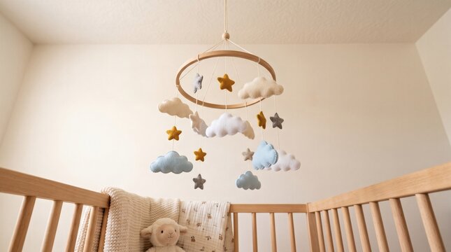 Cozy nursery with handcrafted wooden baby crib mobile featuring felt clouds and stars, soft lighting.