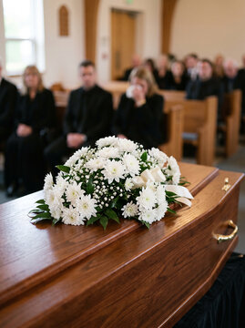 Fresh white chrysanthemum on wooden casket during quiet funeral ceremony, blurred solemn background, calm and respectful atmosphere. Close-up.