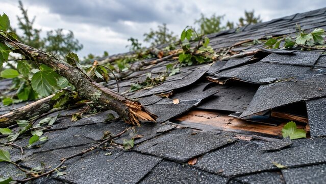 Storm-damaged roof with broken shingles and fallen tree branches, representing severe weather, property damage, home insurance, roof repair and residential maintenance