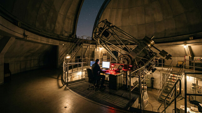 Astronomer operating telescope control station inside observatory dome with advanced monitoring equipment