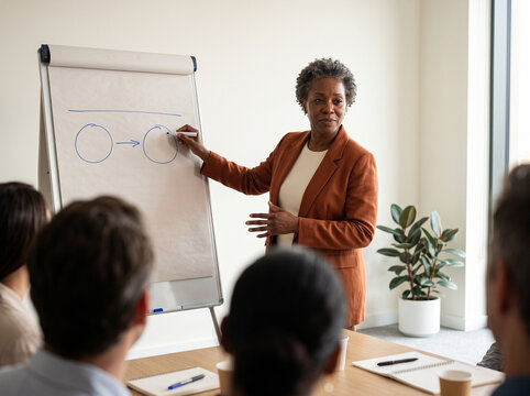 Black corporate trainer in her 50s leading a session at a flipchart