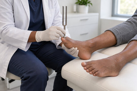 Clinician Using a Tuning Fork During a Foot Examination