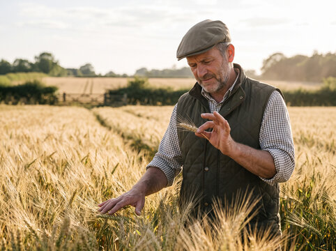 White arable farmer in his 50s inspecting an ear of wheat