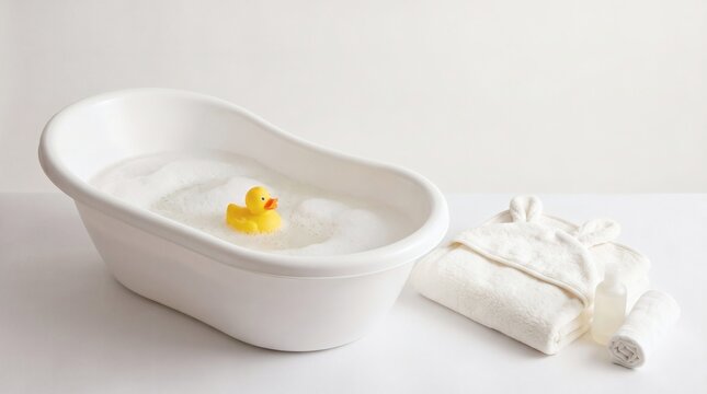 Baby bath time essentials: foamy tub, rubber duck, and plush bunny towel with copy space.