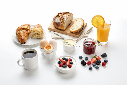 Healthy breakfast with bread, fruit, and juice
