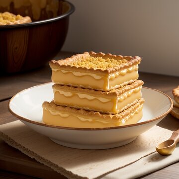 commercial food photography of freshly baked golden crispy flaky puff pastry squares, delicate multi-layered butter pastry crust, sweet honey and custard dripping from layers, wooden honey dipper driz