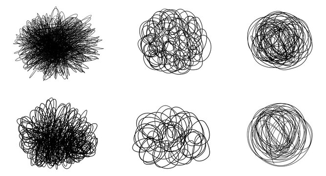 Black Hand Drawn Scribble Texture Collection with Six Abstract Shapes. Tangled scribbles and chaotic thought symbols in different shapes 