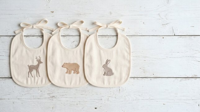 Three organic cotton baby bibs with embroidered deer, bear, and rabbit designs on a wooden table.
