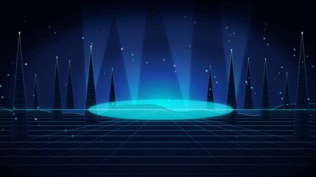 Pulsating blue light waves on central digital stage. Futuristic grid lines, angular pillars in dark, high-tech VR environment. Spotlights, particles illuminate energetic backdrop for virtual events...