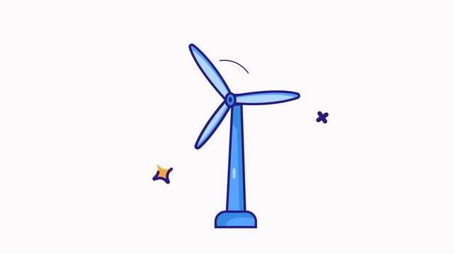 Blue Wind Turbine Illustration Icon for Renewable Energy and Sustainable Power Concept on White Background, 4K video animation.