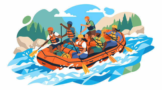Team building group white water rafting in river rapids