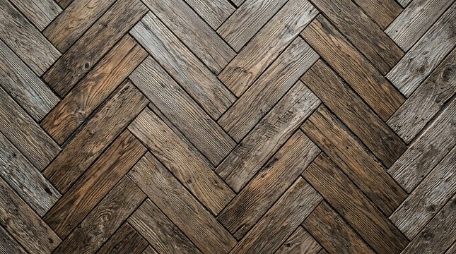 A detailed close up of weathered dark brown cedar wood planks in herringbone parquet pattern with arranged classic herringbone
