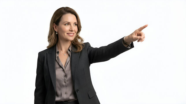 Adult woman in business suit pointing to the side