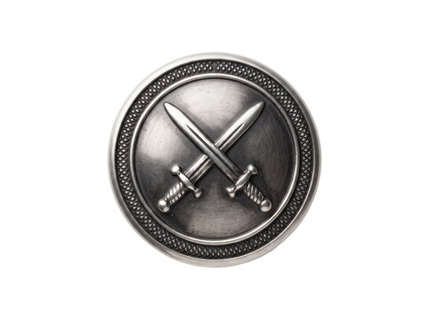 Silver blazer button with crossed swords and textured circular border featuring an antique metal finish for luxury military tailoring, apparel branding, and historical costume design.