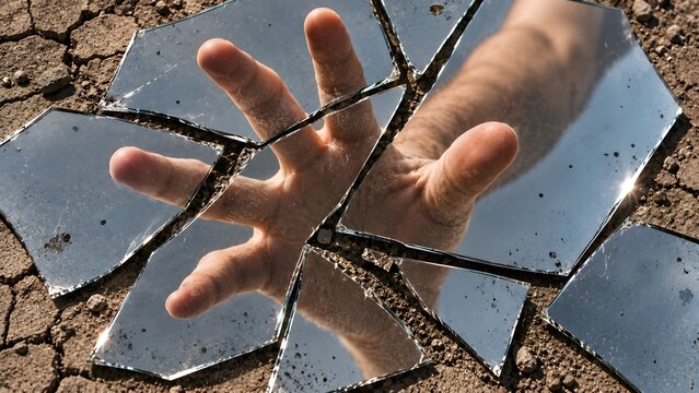 A person's hand reaches out from behind shattered pieces of a broken mirror lying on dry, cracked earth.