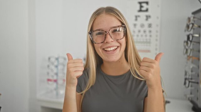 Young woman in eyeglasses gives double thumbs up at optician clinic with eye chart and frame displays; joyful confidence.