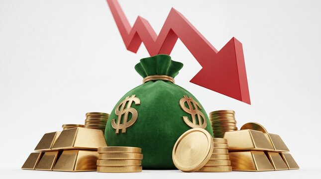 Concept of Financial Crisis and Economic Downturn Represented by a Red Arrow Pointing Down Over a Large Green Money Bag Stacks of Gold Bars and Golden Coins Isolated on a White Background