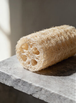 Natural loofah sponge on a light gray stone surface, fibrous plant texture, soft light from the left