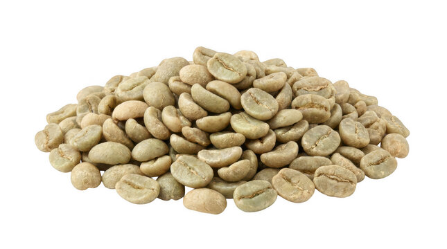 Green coffee beans are piled together showcasing a natural unroasted state against a white background arabica bean caffeine coffeebush coffeecultivation coffeegrains coffeeproduction coffeeroasting cr