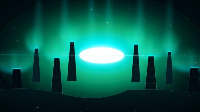 Abstract futuristic landscape with dark monolithic towers silhouetted against a radiant, pulsing cyan-blue glowing orb and ethereal light beams, creating a mesmerizing, tranquil yet energetic sci-f...