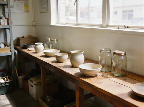 Community swap corner indoors with plain ceramic ware and glass jars on a long wooden table