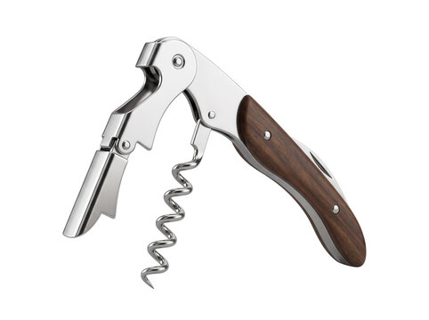 Professional stainless steel waiter's corkscrew with wood handle isolated on black background, capturing sommelier expertise for restaurant menu and wine marketing design.