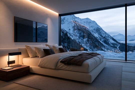 Luxury modern bedroom interior with panoramic snowy mountain window view