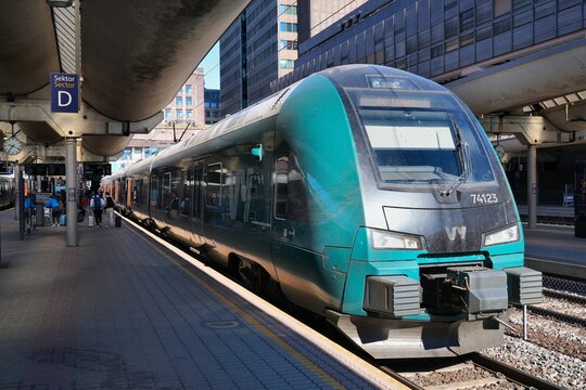 OSLO, NORWAY - MAY 6, 2026: Vy passenger train at Oslo Central Station (Oslo sentralstasjon) in Norway.