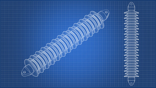 HV Electrical Insulator - ceramic, porcelain, Insulator. Engineering schematic Blueprint. Orthographic view - side, front views. 3D Mesh, Sketch, Vector style or Drawing. 3D rendering isolated on blue